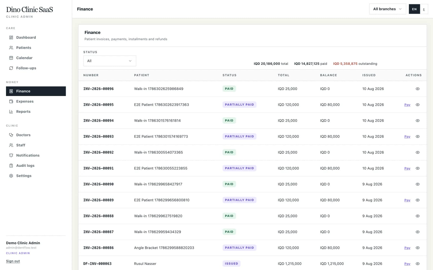 Finance page listing invoices, payments and balances in IQD