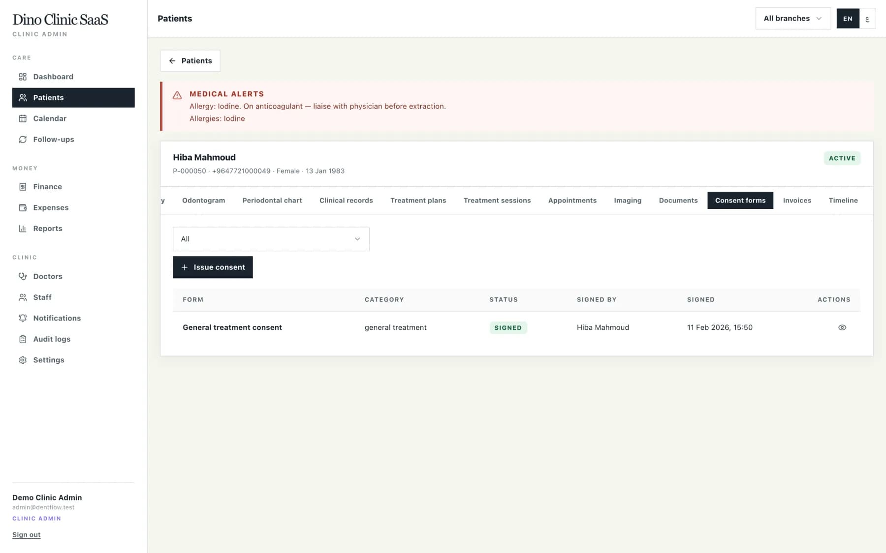 Consent forms tab listing issued, signed and withdrawn consent forms