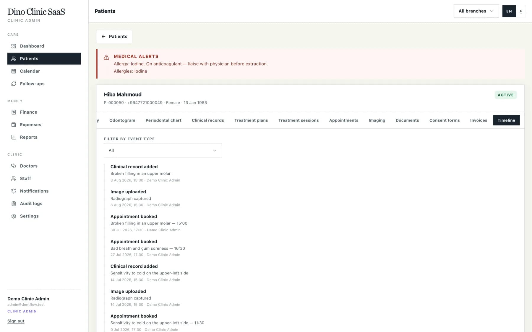 Patient timeline listing clinical, financial and document events in order
