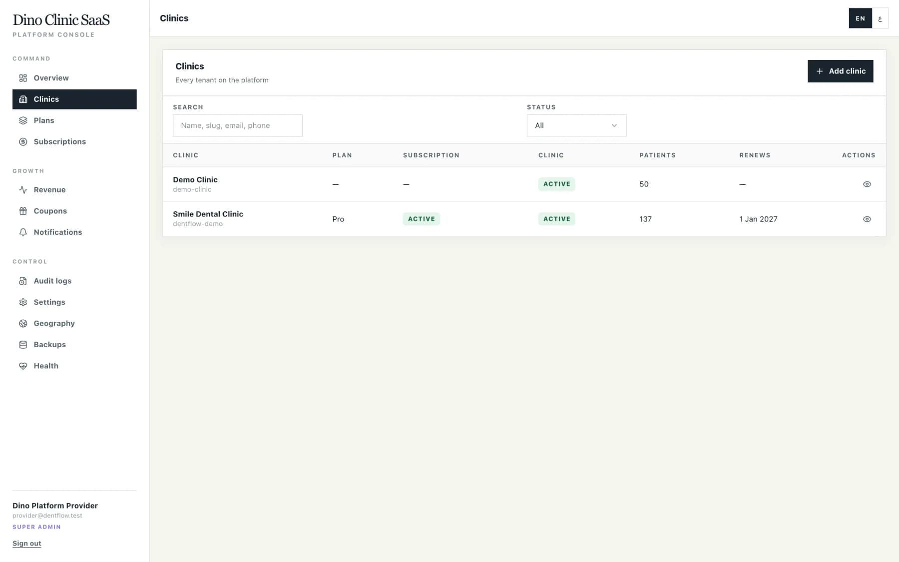 Clinic list with plan, status and usage counts