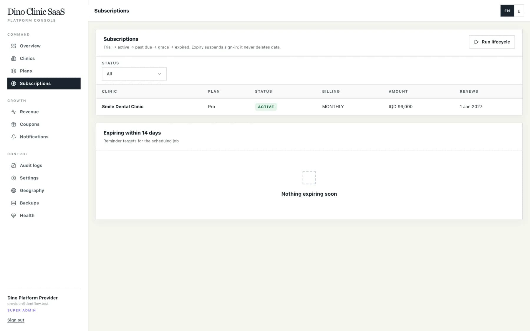 Subscriptions list with plan, period and expiry